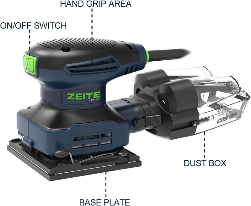 zeite 2.4 Amp 1/4 Sheet Sander with 12Pcs Sandpapers, Electric Palm Sander for Woodworking, 10 Ft Cord, 14000 OPM, Vacuum Attachment, Cyclonic Dust Box for Wood Polishing Sanding - Image 2
